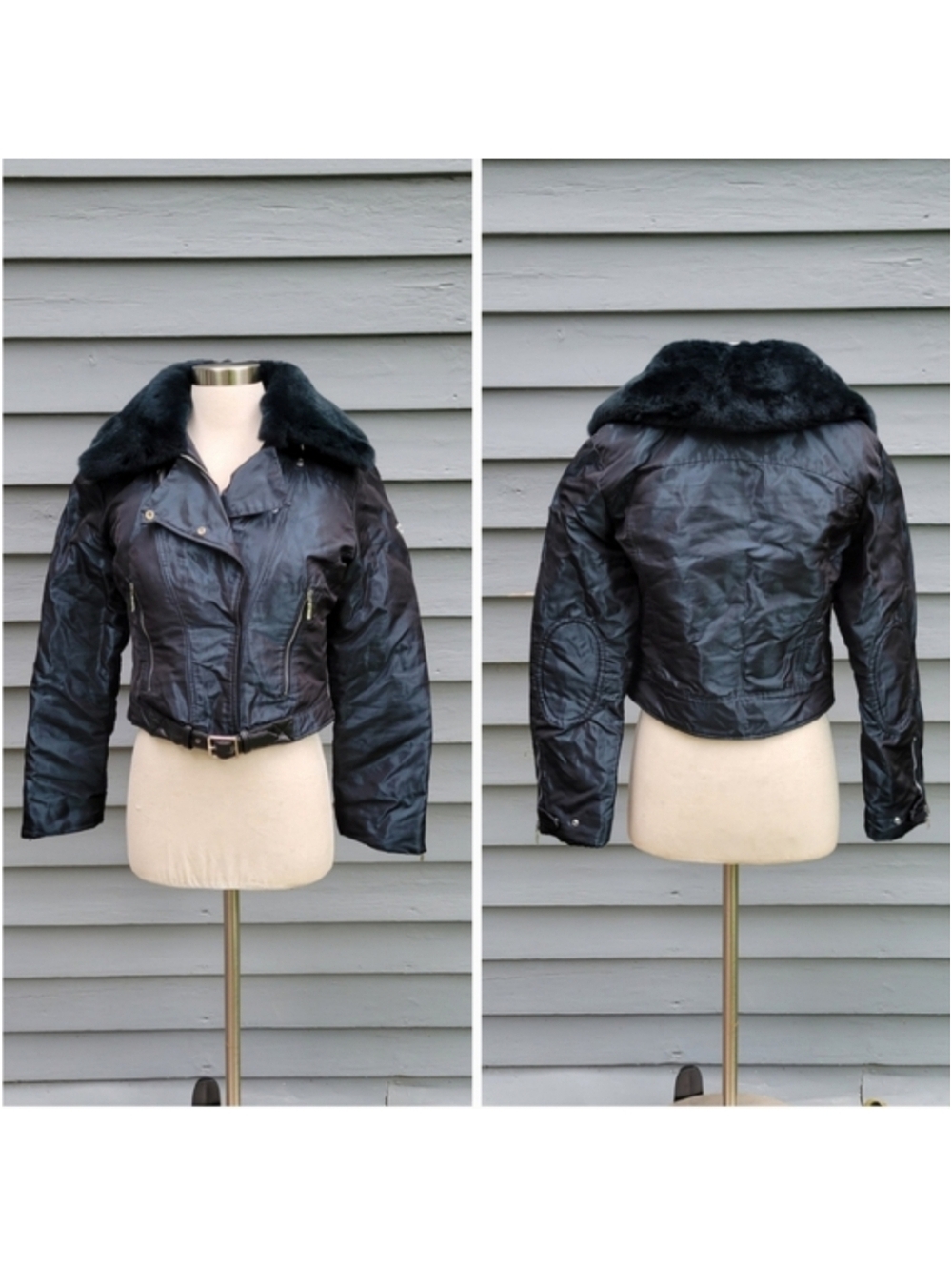 Vintage 90s y2k Navy Blue Iridescent Wide Collar Post Card Aviator Moto Coat 6